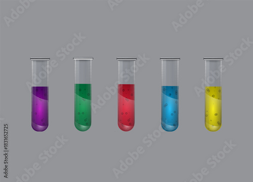 Set of multi-colored laboratory glass test tubes with liquid