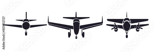 Minimalist front view of three different airplane silhouettes including single engine and twin engine jets on white background vector illustration transport aircraft wings landing gear