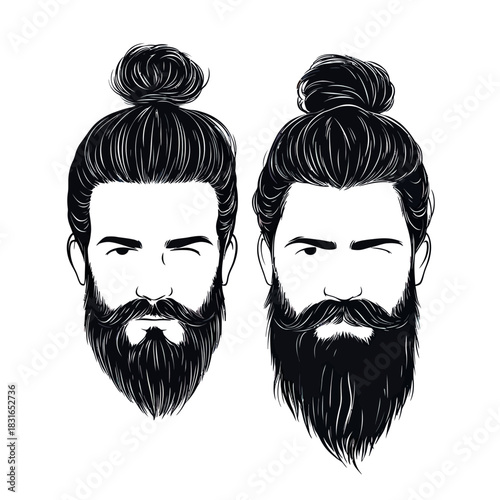 Minimalist black and white vector illustration of two men with long beards and man bun hairstyles winking, hipster facial hair styles portrait design