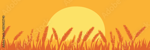 Minimalist vector illustration of radiant yellow sun setting behind field of golden wheat stalks with long shadows in warm orange gradient background