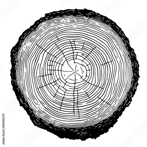 Detailed black and white wood cross section engraving showing tree rings and bark texture in flat minimalist style vector illustration for nature and environment design concept