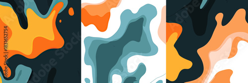 Abstract fluid shapes background set with layered wavy colorful liquid ink stains in flat minimalist vector style for modern design and artistic patterns