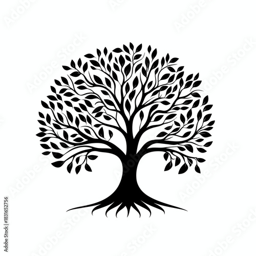 Black silhouette tree with abundant stylized leaves and visible roots flat minimalist vector illustration nature symbol of growth life strength and health design element
