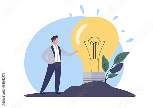 Businessman standing by sprouting plant growing into large glowing light bulb symbolizing innovation creativity success and new ideas in flat vector style