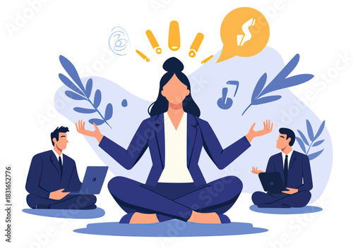 Businesswoman meditating in lotus pose to stay calm and focused amid two stressed male coworkers with laptops in office environment flat vector illustration
