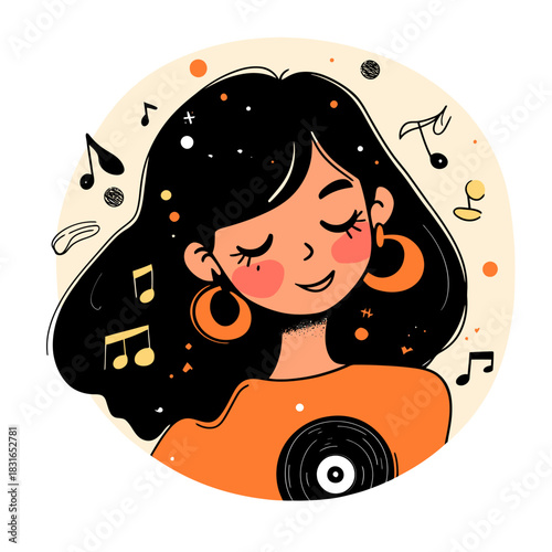 Girl enjoying music with closed eyes and vinyl record illustration in cartoon style with musical notes around head and orange earrings and clothing
