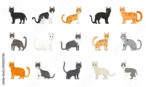 Set of sixteen flat minimalist cartoon cat icons featuring various breeds and colors in sitting and standing poses isolated on white background vector illustration