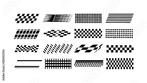 Set of black and white checkered flag patterns and speed lines, ideal for automotive decals, racing sports graphics, and dynamic visual design projects