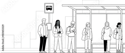 Diverse Group of People Waiting at Bus Stop - Urban Public Transport Line Art Illustration