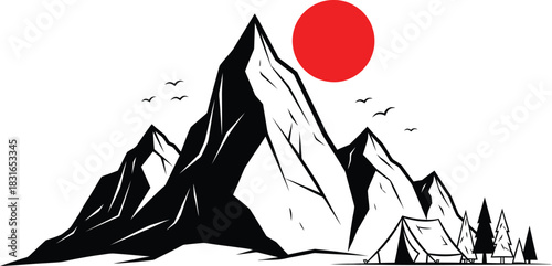 Dramatic mountain range with a vibrant red sun rising or setting over rugged peaks and a small campsite