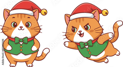 A cute cartoon vector illustration set of an orange and white cat wearing a Santa hat and green vest, depicted in two poses: standing smiling and jumping excitedly.