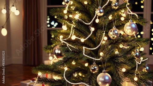 Warm Christmas tree glowing with lights inside a cozy home. Ornaments, gifts, and soft shadows create a peaceful festive atmosphere. No people, calm holiday mood