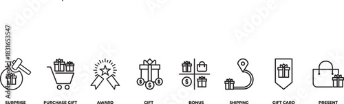Surprises in Every Package Icons set vector illustration outline with suprise, puchase gift, award, gift, bonus, shipping, gift catd , present