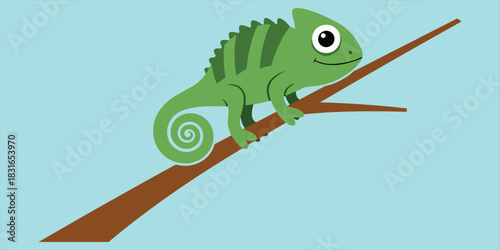 Cartoon chameleon, tree branch pose, green reptile, curled tail, expressive eyes, jungle animal, nature theme, flat vector illustration