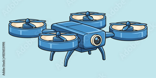 Cartoon drone, quadcopter illustration, flying robot, aerial camera, blue drone, tech gadget, modern device, flat vector illustration