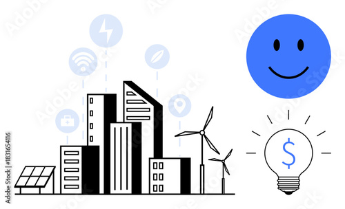 Smart city design. Smart city clean energy wind turbines and solar panels. Smart city promoting renewable energy sources, innovation, and sustainability. For clean technology, eco urban planning