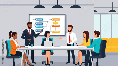 Team Collaborating Effectively in a Modern Office Setting, Discussing a Project Flowchart on a Digital Screen