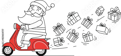 Santa claus delivering christmas gifts on a red scooter in a cartoon illustration