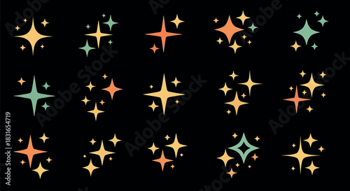 Retro Sparkle Icons Vector Set: Colorful Shine and Glitter Effects on Black
