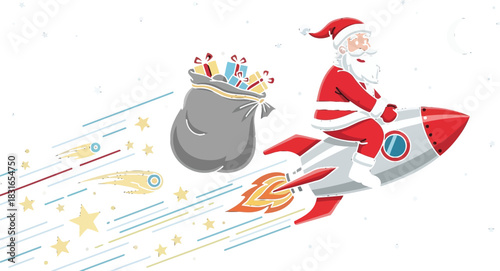 Santa claus delivering gifts on a rocket ship through the starry night sky