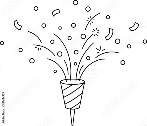 Minimalist line art of a party popper exploding with confetti on white background