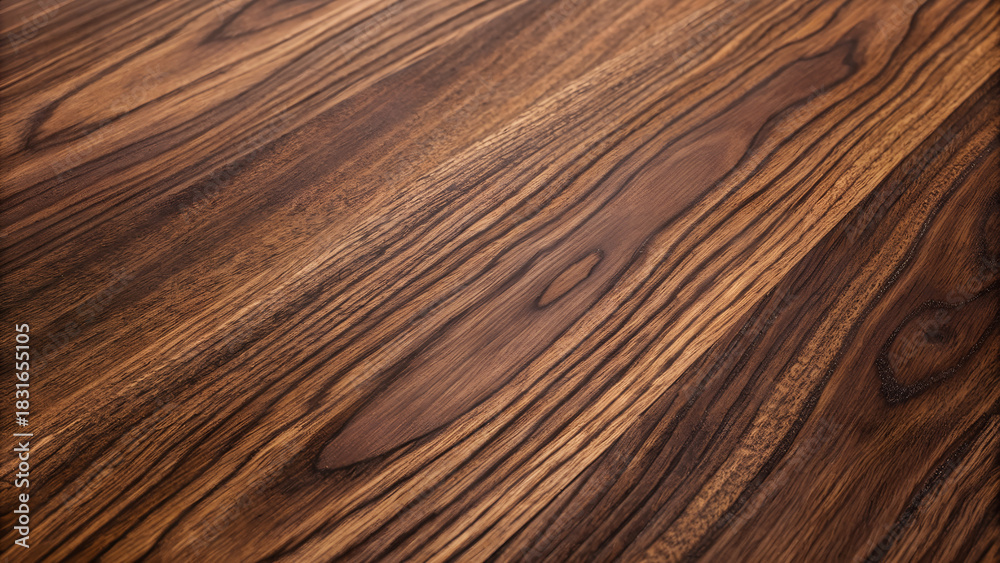 Fototapeta premium Closeup view of rich, dark brown wooden surface with prominent, wavy grain pattern, ideal for background texture