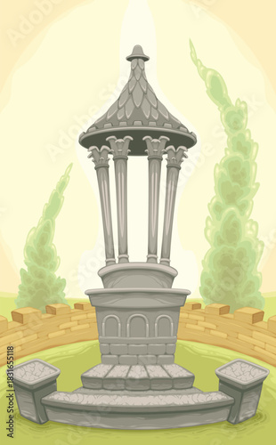 Pretty crypt in the cemetery. Vector cartoon horror illustration.
