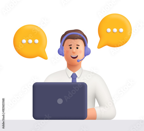 Young smiling woman Ted customer support agent talking with clients. Customer service, call center, hotline, customer support. 3d vector people character. Cartoon minimal style.