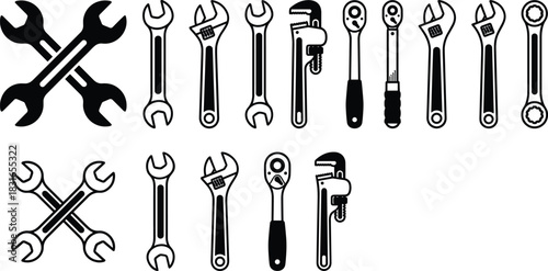 Black and White Vector Wrench Tool Icons and Outlined Hand Tools for Mechanical, Industrial, and Repair Design Projects