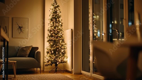 Christmas tree for small space, slim vertical christmas tree placed in a narrow corner, simple ornaments, soft warm glow, space-saving holiday design