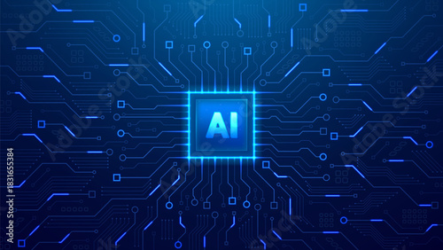 Technology background with AI chip. Semiconductor technology concept with circuit board. Vector illustration of AI CPU isolated on dark blue background. Artificial Intelligence icon concept.