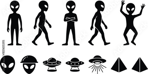 Black Silhouettes of Aliens, UFOs, and Pyramids – Vector Set for Sci-Fi, Extraterrestrial, and Ancient Mystery Design Themes