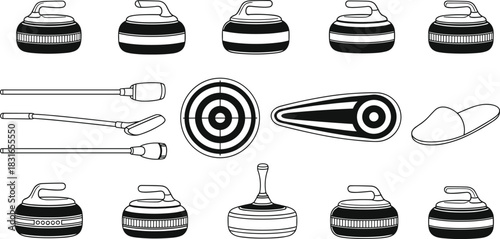 Black Silhouettes of Curling Equipment and Symbols – Vector Set Featuring Stones, Brooms, Targets, Rink, and Shoe for Sport Design Use