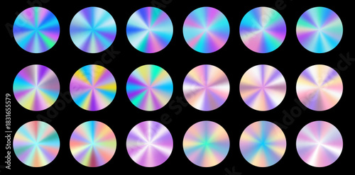 Iridescent swatch set with soft pearl shine and hologram glow. Gradient circles, silver foil vibes and holographic blue tones create a luminous sticker-style palette. Iridescent swatch gradient.