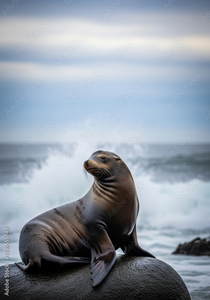 Fototapeta premium Sea Lion Resting on Large Rock Near Ocean with Waves Crashing in Background Under Overcast Sky Creating a Serene Yet Powerful Coastal Wildlife Scene