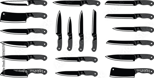 Black Silhouettes of Kitchen Knives – Vector Set Featuring Chef, Utility, Cleaver, Paring, and Serrated Blades for Culinary Design Use