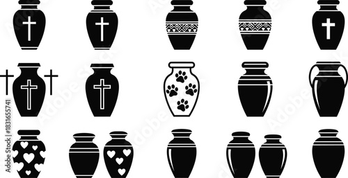 Black Silhouettes of Memorial Urns – Vector Set Featuring Religious, Pet, Heart, and Decorative Designs for Funeral and Tribute Use