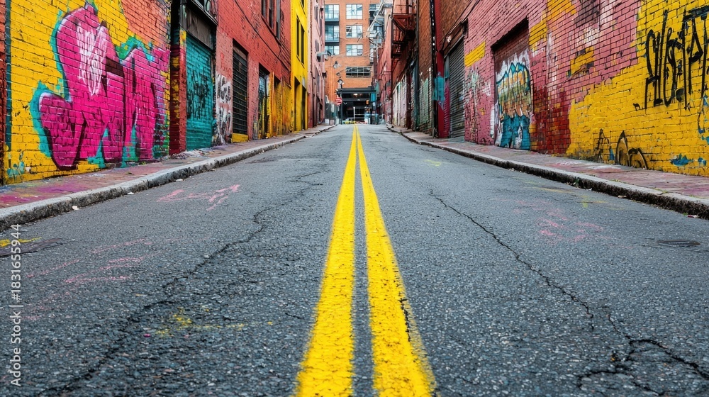 Fototapeta premium Vibrant graffiti adorned urban street scene with aged industrial buildings and infrastructure as the backdrop The narrow alley showcases a dynamic and colorful display of street art and a worn