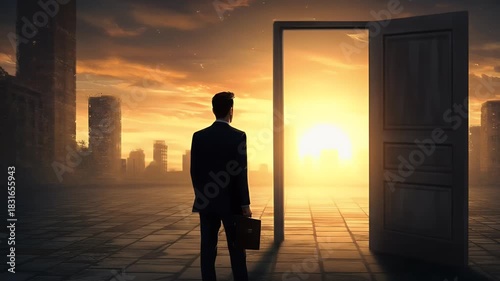 Businessman Walks Through Open Door Towards Golden Sunset Cityscape