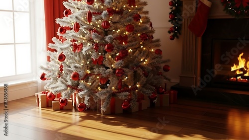 Warm and inviting Christmas morning scene with a decorated tree, gifts, and a cozy fireplace glowing in the sunlight