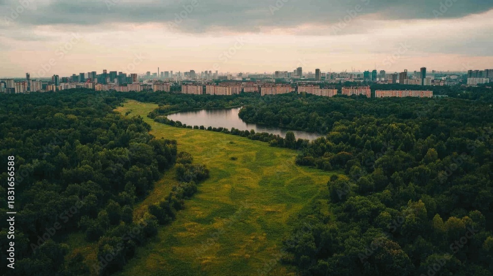 Fototapeta premium Aerial view of an industrial park featuring a harmonious blend of factories high rise buildings and lush green spaces along a winding river