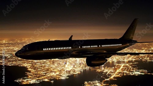 Wallpaper Mural Capturing a sleek airplane silhouetted against a vibrant city skyline at night, illuminating the urban landscape below. Torontodigital.ca