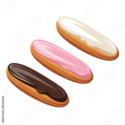 Traditional french dessert - eclairs with chocolate, vanilla and berries isolated on a white background. Cartoon style. Sweets - cupcakes. Illustration for children.