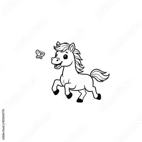 A Friendly Horse Trotting Happily Line Art – Cute Black Outline Horse Illustration on White Background, Simple Minimal Sketch for Kids