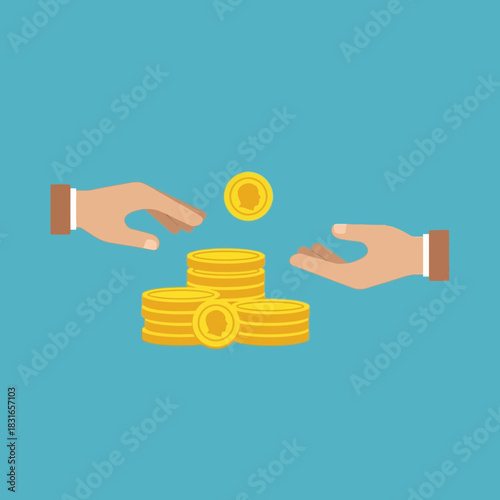 Two hands exchange gold coins stacked in piles.