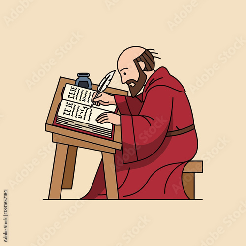 Monk writing in a book with a quill pen next to an inkwell.