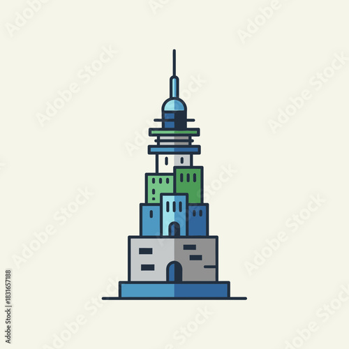 Stylized building composed of stacked geometric shapes with a spire.