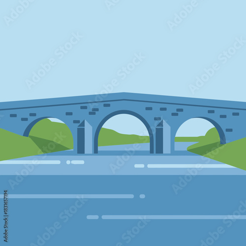 Stone bridge with three arches spans a river with green hills visible.