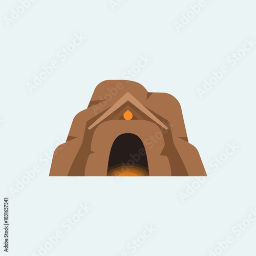 Brown cave with an opening and a triangular roof-like structure above.