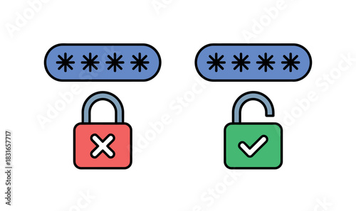 A red locked padlock with a cross symbol and a blue password bar above it, next to an open green unlocked padlock with a checkmark symbol and a password bar.